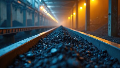 Fototapeta premium Coal rocks move on industrial conveyor belt inside mine tunnel. Automated system transports minerals from underground. Lights illuminate dark processing plant.