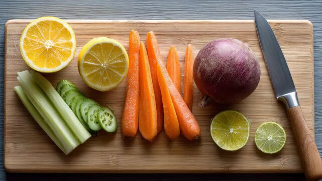 Colorful arrangement of sliced carrots, cucumber, celery, orange, lemon, lime and beet on a bamboo cutting board with a knife, ready for juicing and creating a refreshing summer detox drink