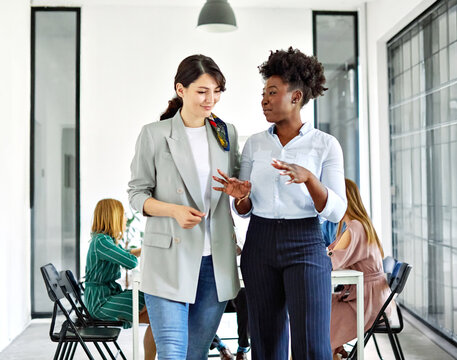 Portrait of two young business woman having a meeting or presentation and seminar standing in the office. Portrait of a young business woman talking