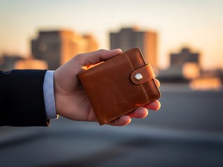 Brown leather wallet in a mans hand outdoors  cityscape in background at sunset