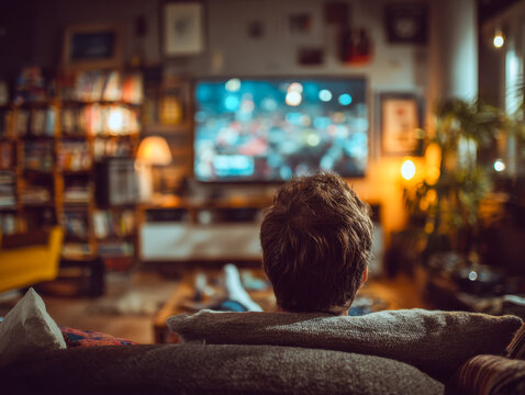 Man relaxing on a cozy couch watching a blurred television screen in a warmly lit living room filled with books and ambient lighting at night