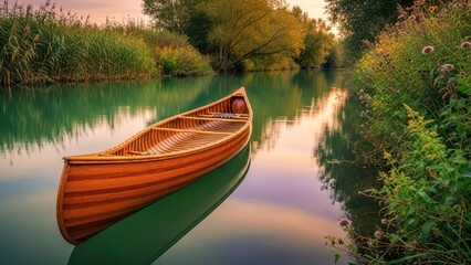 Obraz premium A polished wooden canoe drifts peacefully on a serene river surrounded by autumn foliage and warm sunset light.