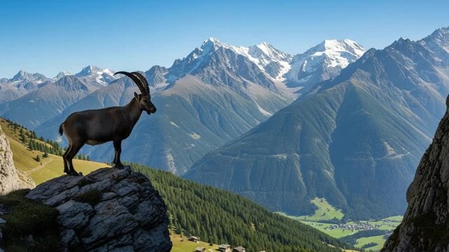 Goat standing on rocky outcrop with mountains in the background