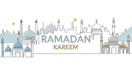 Naklejka premium Ramadan Kareem Islamic Mosque City Skyline Illustration.