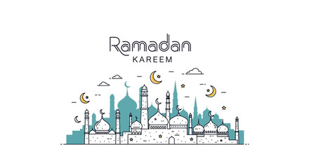 Obraz premium Ramadan Kareem greeting with mosque silhouette and crescent moons.