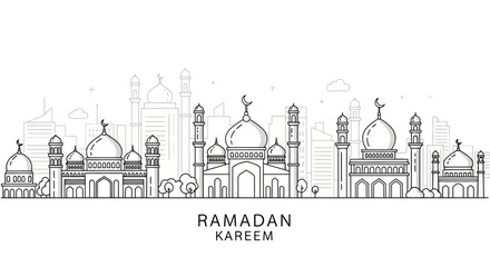 Obraz premium Ramadan Kareem Islamic Mosque Skyline Illustration.