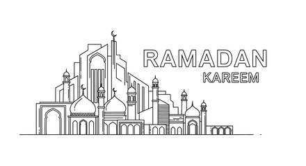 Naklejka premium Ramadan Kareem Islamic City Skyline Illustration.