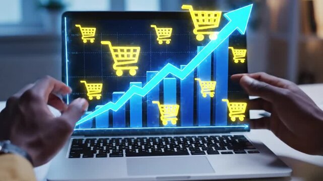 Person analyzing ecommerce sales growth on laptop screen with shopping cart icons