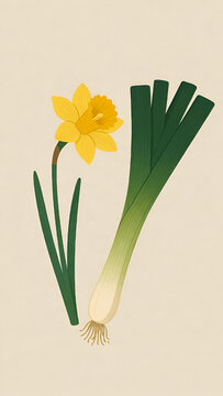 Illustrated Daffodil Flower and Fresh Green Leek Stalks on Beige Background for St Davids Day Welsh Symbol and Spring Vegetable Concept