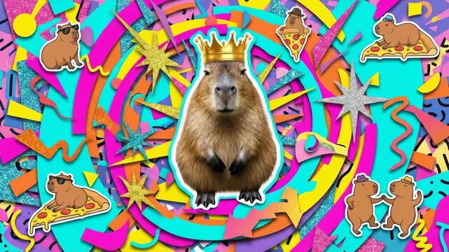 Creative and funny king capybara collage with glittery shapes, vibrant swirls and capybara friends on pizza and ice cream.