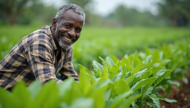 Smiling African farmer checks rows of green plants in his field. He wears a plaid shirt and looks at the camera with joy and satisfaction. His work brings him happiness.