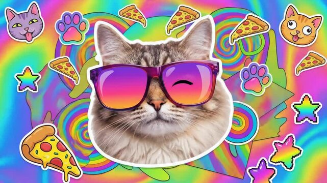 Cute cat with vibrant sunglasses, winking on a psychedelic background surrounded by pizza slices and cartoon cat faces
