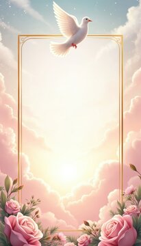 White dove flies in pastel sky among clouds and roses. Elegant golden frame for sympathy messages, funeral, memorial, or remembrance notices. Peaceful and gentle design.