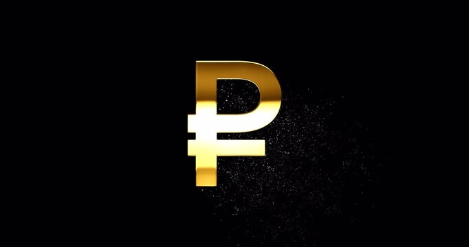 Gold rouble symbol with glare and glittering falling particles, specular highlight reflection and golden dust is drifting down from russian ruble RUB currency sign, footage
