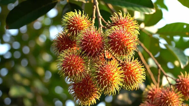 Vibrant rambutan fruit bunch hanging from a tree branch in tropical sunlight