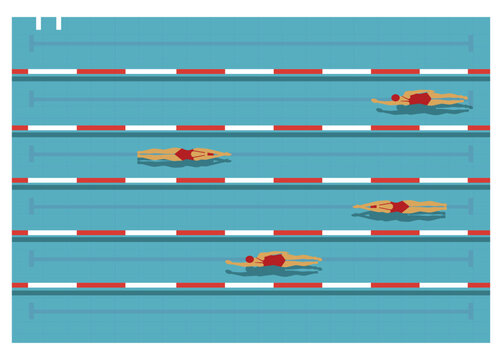 Top view of swimmers moving in separate swimming lanes during a competition. Professional pool sport concept, flat minimalist illustration.