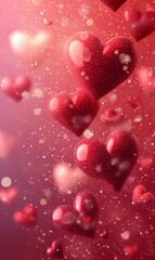 Sparkling red heart shapes floating against a pink and purple bokeh background, creating a romantic and festive atmosphere