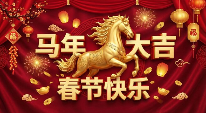 year of horse chinese new year 3d gold red spring festival greeting background