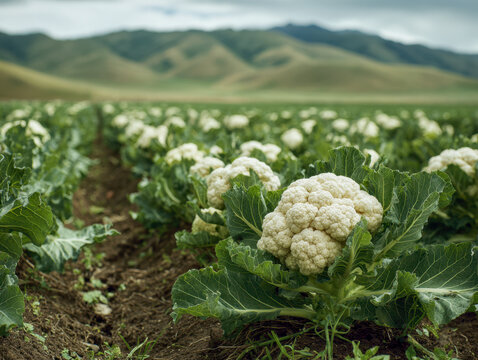 Fresh cauliflower plants growing in fertile soil with rows extending toward distant rolling hills under a cloudy sky on a vast vegetable farm