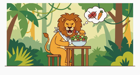 Lion Eating Salad Bowl Vector Illustration - Vegetarian Diet Concept