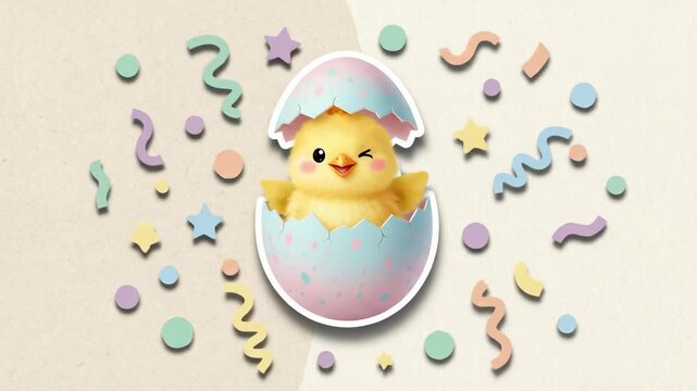 Yellow chick hatching from decorated egg surrounded by festive confetti. Happy Easter holiday concept for celebration greeting card.