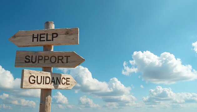 Wooden signpost offers choice between help, support, guidance. Arrow pointers show direction against bright blue sky and clouds. Symbolizes direction, decisions, and assistance.