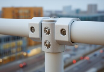Balcony  clamp detail on apartment railing with urban view and copy space in afternoon light