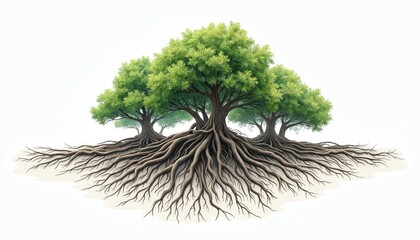 Fototapeta premium Detailed illustration of interconnected tree roots spreading wide. Green canopy tops multiple ancient trees creating dense forest look. Clean white background isolates natural elements for