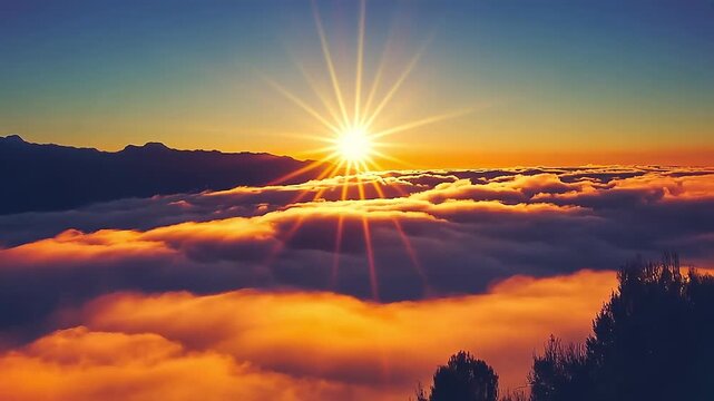 Glowing sun shining above soft cloudscape in bright sky creating peaceful atmosphere with warm light and natural scenic beauty