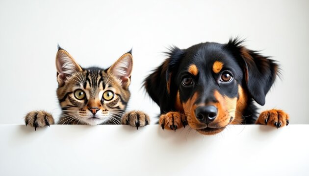 Tabby cat and black dog peek over white surface. Animals look at camera with curiosity. They appear friendly and cute, ready for adoption or playtime. These pets are domestic companions.