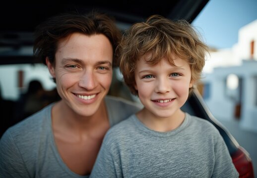 Family loading luggage into hatchback trunk on weekend morning in suburban setting