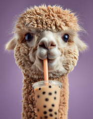 Fototapeta premium Fluffy Alpaca Portrait Drinking Boba Bubble Tea
