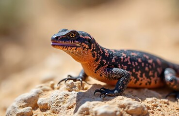 Fototapeta premium Gila monster reptile with orange and black beaded skin crawls on desert rock. Venomous lizard shows pink mouth and yellow eye, its natural habitat.
