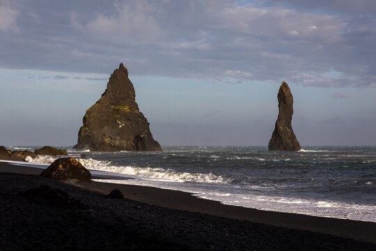 Reynisdrangar sea stacks Langsamur and Landdrangur on Reynisfjara Black Sand Beach, Iceland