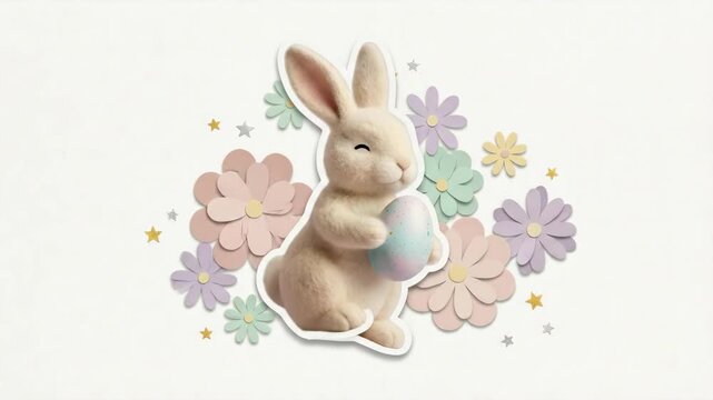 Cute easter bunny holding an egg in a collage of pastel paper flowers and star confetti. Spring holiday decoration graphic.