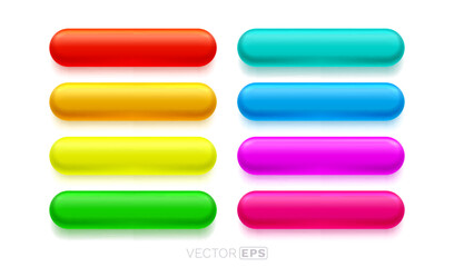 A collection of bright, glossy 3D web buttons. Vibrant user interface elements in various colors.