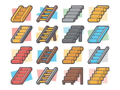 A colorful illustration of various cartoon staircases and ladders on a white background