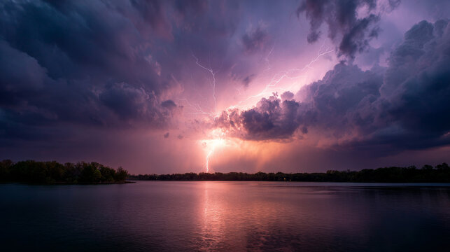 Powerful thunderstorm clouds over a lake with dramatic lightning and dark sky.