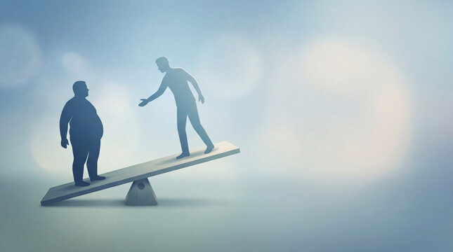 A silhouette of a person reaching out to help a person with obesity on a balanced seesaw. Symbolic imagery for World Obesity Day concept, background, focusing on support and health balance.