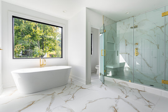 Modern bathroom interior with freestanding bathtub and glass walk-in shower