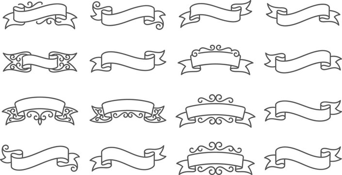 Elegant vector banners and decorative ribbons set for various graphic design projects, offering classic scrollwork and customizable blank spaces