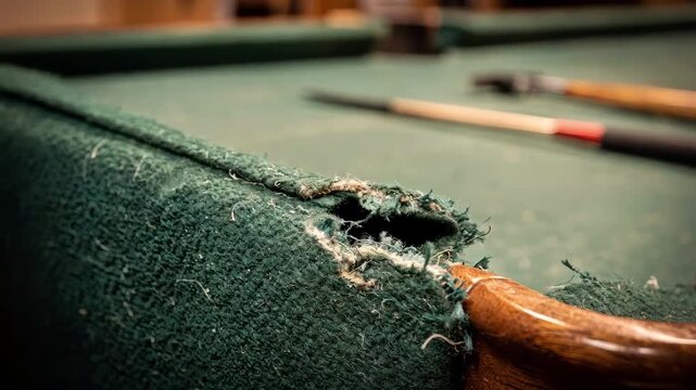 Closeup on technician examining worn edges of table felt highlighting fraying and minor damage while surrounding area remains soft focus.