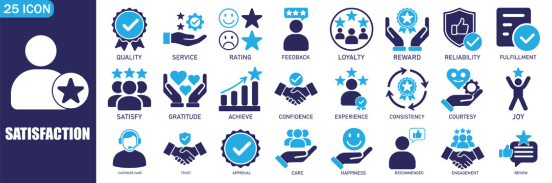 Customer Satisfaction Icons Set. rating, approval, confidence, reward, experience, reliability, fulfillment, happiness, teamwork, and customer care. flat vector icon