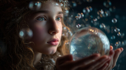 Naklejka premium Artistic portrait of a girl surrounded by bubbles while gazing into her ocean-filled crystal ball