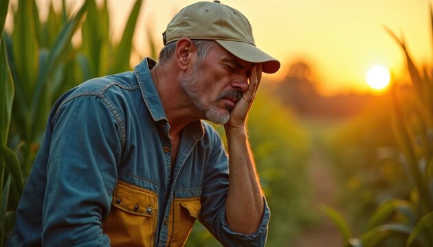 Tired man rests head on hand in corn field at sunset. Farmer shows fatigue after long day of farm labor under hot sun. Rural worker feels stressed, overwhelmed.