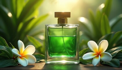Naklejka premium Glass perfume bottle with green liquid sits surrounded by tropical foliage, white plumeria flowers. Sunlight filters through leaves creating dappled light, shadow. Natural elegant scent product