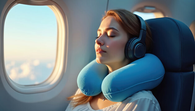 Young woman listens to music with headphones and neck pillow on airplane. Female passenger sleeps comfortably in seat by window during flight. Enjoying journey resting, traveling by air.