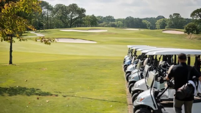 Medium shot of a neat row of electric golf carts lined up by the starter hut main cart sharply focused with blurred background showing golf course greenery.