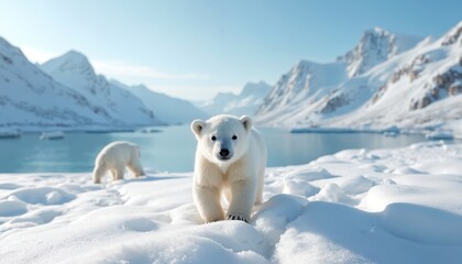 Fototapeta premium Two polar bears on ice floe. Young bear stands on snow looking at camera. Adult bear forages in background near icy blue water and mountains. Arctic wildlife scene.