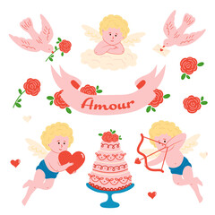 set of isolated love icons with Cupids and cake